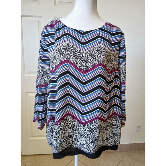 Dana Buchman Blouse Multicolor 3/4 Sleeves Geometric Scoop Neck Size‎ Large - Picture 1 of 16